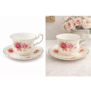 Royal Albert Bone China Teacup & Saucer England Pink Roses Gold Trim Vintage